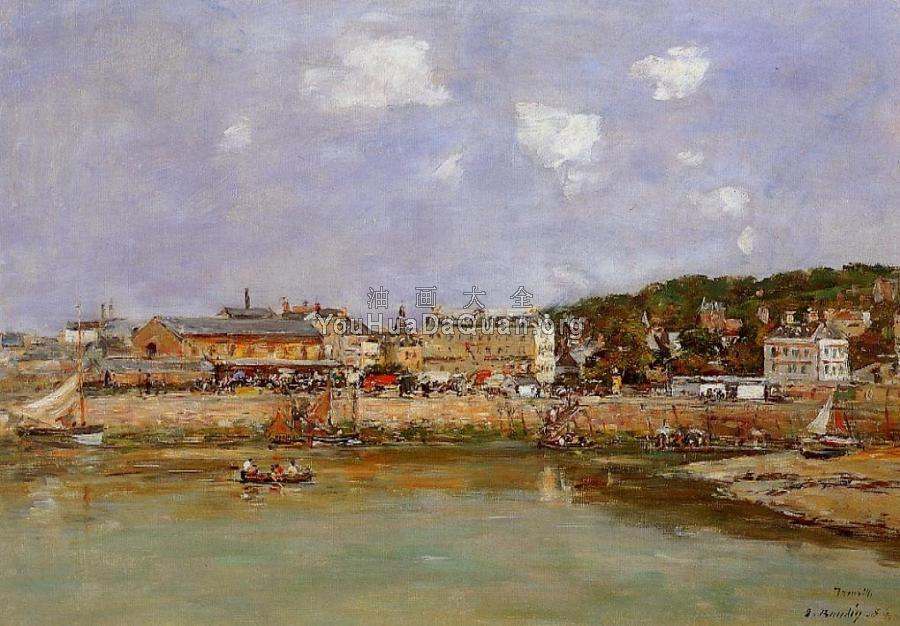 The Port of Trouville, the Market Place and the Ferry - 尤金·布丹